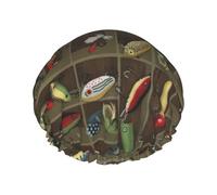 Fishing Lure Style Print Shower Caps,Double Layers water-resistanted Hair Cap with Elastic and Reusable
