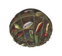 Fishing Lure Style Printed Shower Caps For Women,Reusable Elastic Bath Caps,Double WaterproofBathing Shower Hat