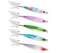 Fishing Lures Set, 5pcs Hard Metal Fishing Lure Sequins Spoons with Treble Hooks Feather Tail Sea Fishing Sinking Lure Artificial Bait for Saltwater Freshwater(20g-5pcs)