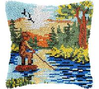 Fishing Man Latch Hook Kits Pillow for Adults Throw Pillow Pre-Printed Patterns Pillowcase Needlework Crochet Yarns Latch Hooking Cushion for Sofa Decor 17x17inch(y34)