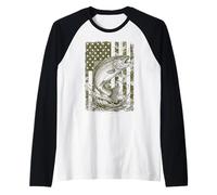 Fishing Men's Camo Trout Fish American Flag Graphic Fishing Raglan Baseball Tee