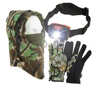 Fishing Neoprene Gloves Folding Fingers + LED Head Torch + Camo Snood Hat Gloves Available in Small Medium Large & Extra Large (Large Size Gloves)