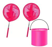 Fishing Net Three-piece Beach Fishing Net Set Including 2 Retractable Nets 1 Foldable Bucket For Outdoor Fun(WLH90-Red)