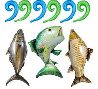 Fishing Party Balloons Realistic Carp Tuna Salmon Balloon with Blue and Green Fish Hook Curly Wave Balloon For Gone Fish Party Decor/O-fishally One Fishing Babyshower Decor