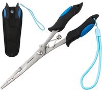 Fishing Pliers Long Nose Stainless Steel Fish Hook Remover Braid Cutters Split Ring Fish Pliers with Lanyard Fish Holder Ice Fly Fishing Gear Freshwater Saltwater Fishermen Gift (Blue)