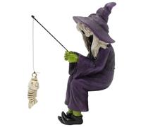 Fishing Pumpkin Head Mummy Statue - 3.15" Funny Halloween Resin Shelf Sitter Figurine, Mini Gothic Skeleton Skull Gnome for Outdoor Garden Yard Pond Pool Fountain Lawn Waterfall Decorations (Witch)