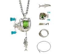Fishing Reel Jewelry Set - Alloy, Fishing Necklace, Rotating Handle Removable Line Loop | Realistic Fish Gear Pendant For Anglers Men Women Fishermen Enthusiasts Gift Accessory