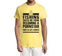 Fishing Saved Me from Becoming A Pornstar Now I'm Just A Hooker Funny Graphic Crew Neck Cotton Men's T-Shirt Yellow X-Large