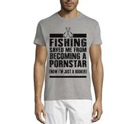 Fishing Saved Me from Becoming A Pornstar Now I'm Just A Hooker Funny Graphic Crew Neck Cotton Men's T-Shirt Gray Large