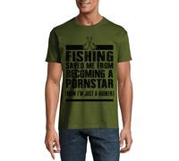 Fishing Saved Me from Becoming A Pornstar Now I'm Just A Hooker Funny Graphic Crew Neck Cotton Men's T-Shirt Hunter Green X-Large