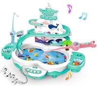 Fishing Set Toy Fishing Game Toys with Music for Kid Racing Track Toy Double Loop Track Slide with 10 Fishs 2 Fishing Rods Fishing Game Water for 3+ Boys Girls