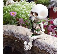 Fishing Skeleton Garden Accessory, Skeleton Fishing Resin Figure Sculpture Garden Sitter Statue Ornament, Mini Outdoor Yard Figurine for Garden Setting Decoration, Create A Fishing Theme (1pcs)