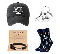 Fishing Socks - Fishing Theme 4-Piece Gift Set, Novelty Socks, Fish Keychain, Adjustable Baseball Cap witn "WTF WHERE'S THE FISH", Wrap Rope Bracelet, Gifts for Lovers, Fisherman Angling Gift for Dad