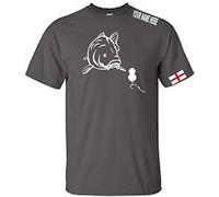 Fishing t Shirt carp Fishing Feeding with Name and England Flag in Charcoal (Kids 9/11)