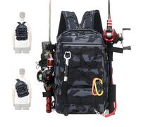 Fishing Tackle Backpack, Large Rucksack with Rod Holder, Waterproof Storage Tackle Bag, Multi-Purpose Military Tactical Sling Bag for Fishing, Hunting, Hiking, Camping & Outdoor Sports (Black)
