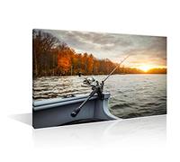 Fishing Tackle Office Decor Fishing Rod on the Boat Sunset Canvas Wall Art 1 Panel Fishing Rod Wall Art for Living Room Print on Canvas Giclee Wooden Framed Gallery-Wrapped Ready to Hang (12" Wx18 H)