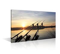 Fishing Tackle Three Fishing Rod and Reel Wall Decor Living Room 1 Piece Dock Fishing Pictures Black and White Wall Art Lake Sunset Posters and Prints Stretched and Framed Ready to Hang (12"Wx18"H)