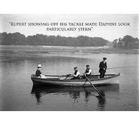 Fishing themed greeting card. Featuring vintage photograph of man fishing with rod from boat. A5 large size with envelope. Blank on the inside for an occasion.