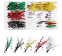 Fishing Treble Hooks Feather Hooks,50pcs Feathered Dressed Treble Hooks Kit Round Bend Treble Fishing Hooks Barbed Triple Fish Hooks for Catfish Lure Baits Saltwater Freshwater
