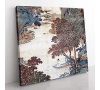 Fishing Under Gum Trees by Qiu Ying Asian Japanese Canvas Wall Art Print Ready to Hang, Framed Picture for Living Room Bedroom Home Office Décor, 50x50 cm (20x20 Inch)