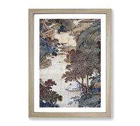 Fishing Under Gum Trees By Qiu Ying Asian Japanese Framed Wall Art Print, Ready to Hang Picture for Living Room Bedroom Home Office Décor, Oak A4 (34 x 25 cm)