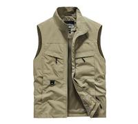 Fishing Vests for Men Full-Zip Windproof Vest Jackets with Pockets Safari Utility Outerwear Travel Hiking Waistcoat Chaleco De Trabajo para Hombre(Khaki, XXXXXXL)