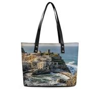 Fishing Village Tote Bag Large Soft Leather Purse with Zipper Lightweight Ladies Shoulder Handbag