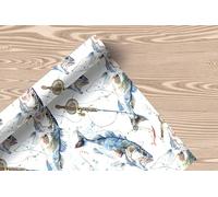 Fishing Wrapping Paper Sheet, Bass Fish & Fishing Rods on White, Ideal for Anglers, Fishermen, Fathers Day & Birthday Gifts - W89 (Small Sheet - 30 x 40cm/ 11.8" x 15.7" inches)