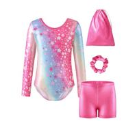 FishingDino Gymnastics Leotards for Girls 3-10 Years, 4PCS Long Sleeve Kids' Shimmer Gymnastics Outfits with Shorts, Scrunchie & Bag Girls Leotard Set, Light Blue, 3-4T