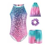 FishingDino Gymnastics Leotards for Girls 3-10 Years, 4Pcs Sleeveless Halter Neck Gymnastics Sparkly Set with Shorts & Headband & Storage Bag, Green and Pink Gradient, 5-6 T