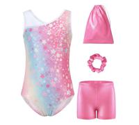 FishingDino Gymnastics Leotards for Girls 3-10 Years, 4Pcs Sleeveless Kids' Gymnastics Athletic Outfit with Sparkly Shorts & Headband & Storage Bag, Pink Gradient, 6-7 Years