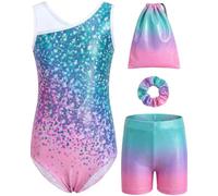 FishingDino Gymnastics Leotards for Girls 3-10 Years, 4Pcs Sleeveless Kids' Gymnastics Athletic Outfit with Sparkly Shorts & Headband & Storage Bag, Green-to-Pink Gradient, 8-9 Years