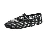 Fishnet Ballet Flats Woman Mesh Mary Jane Shoes Ladies Summer Plus Size(Black,7UK)