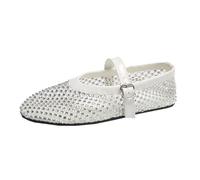 Fishnet Ballet Flats Woman Mesh Mary Jane Shoes Ladies Summer Plus Size(White,7.5UK)