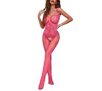Fishnet Bodystocking Nylon Sexy Lingerie For Women Full Body Stocking Open Crotch Bodysuit Full Body Fishnet Stockings Nighties for Women Vintage Garter High Heels plus Size (Hot Pink, One Size)