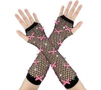 Fishnet Gloves,Long Black Gloves,Black Gloves,Fingerless Gloves,80s Accessories For Women,Concert Accessories for Carnival Costumes,Cosplay Accessories,Halloween Gloves,Pink Bow With Rhinestones 1pcs