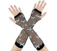 Fishnet Gloves,Long Black Gloves,Black Gloves,Neon Party Accessories,Fingerless Gloves,Concert Accessories,90s Accessories,Cosplay Accessories,Halloween Gloves,Light Blue Ribbon With Rhinestones 1 Pcs