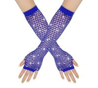 Fishnet Gloves Women's Shiny Fingerless Gloves Long Fishnet Arm Warmers Mesh Gloves Carnival Party Costume Accessories Opera Gloves Glitter Evening Gloves Cosplay, blue, One size