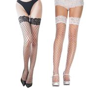 Fishnet Hold Up Stockings - 2 Pairs Women Lace Net Thigh High, Over Knee, Lace Silk Medium Net, Black, White