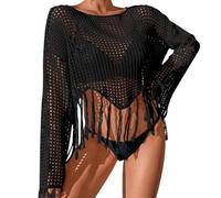 Fishnet Long Sleeve Top Women Fishnet Tops Vintage Hollow Out Pullover Top See Through Tee Shirt Transparent Blouse T-Shirt Sexy Sheer Mesh Shirt Crop Casual Clubwear Soft Net Summer Beach Cover Up