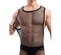 Fishnet Tank Top for Men Mesh See Through Hollow Out Vest Sleeveless Undershirt Stretch Muscle Tops Workout Gym Sport Underwear for Clubwear Black