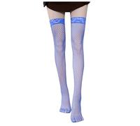 Fishnet Thigh High Stocking for Women Stay Up Floral Lace Top Sheer Tights Mesh Over Knee Silky Net Stockings Leggings with Lace Pantyhose Ladies Cosplay Costume Party Tights (Blue, One Size)