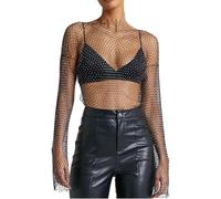 Fishnet Tops for Women Sparkle Rhinestone Blouse Tank Black Sexy Mesh Diamond Hollow Out Studded Crop Bikini Cover Ups for Festival Club Rave Outfits