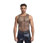 Fishnet Vest for Men Sexy Rhinestone Tank Top Sleeveless See-Through Crop Top Mesh Vest Glittery Nightclub Disco Rave Rock Party Clubwear