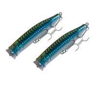 FISHZONE - 2 x KONICHI ABUKI Acoustic Surface Popper Hard Lures - 10cm / 20g - Concave Face Specalist Bass Float - Two Marine Treble Hooks (3 Colours) For Predatory Fishing (Classic Mackerel)