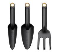 Fiskars garden tool set, 3-piece, flower rake, flower trowel and planting trowel, 65% recycled FiberComp plastic with glass fibre, black/orange, Solid, 1076379
