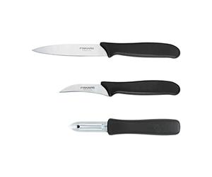 Fiskars peeling set, 3-piece, paring knife (11 cm blade), paring knife (7 cm blade), peeler (7 cm blade), Essential, stainless steel / PP plastic, black, 1065600