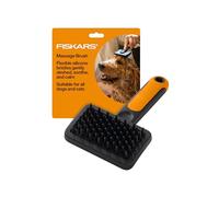 Fiskars Pet Massage Brush, Cat and Dog Brush, Flexible Silicone Bristles & SoftGrip™ Handle for Gentle Deshedding, 6.5”, Orange/Black