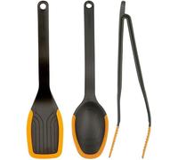 Fiskars starter set, 3-piece, kitchen utensils, functional shape, multi-purpose tongs, 29 cm, cooking spoon, 29 cm, spatula, 29 cm, plastic/silicone, black/orange, 1027306