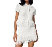 Fisoew Womens 2 Piece Crochet Outfits Short Sleeve Button Knit Sweater Tops Fringe Skirt Summer Vacation Sets Beach Cover Ups, Bleached White, L